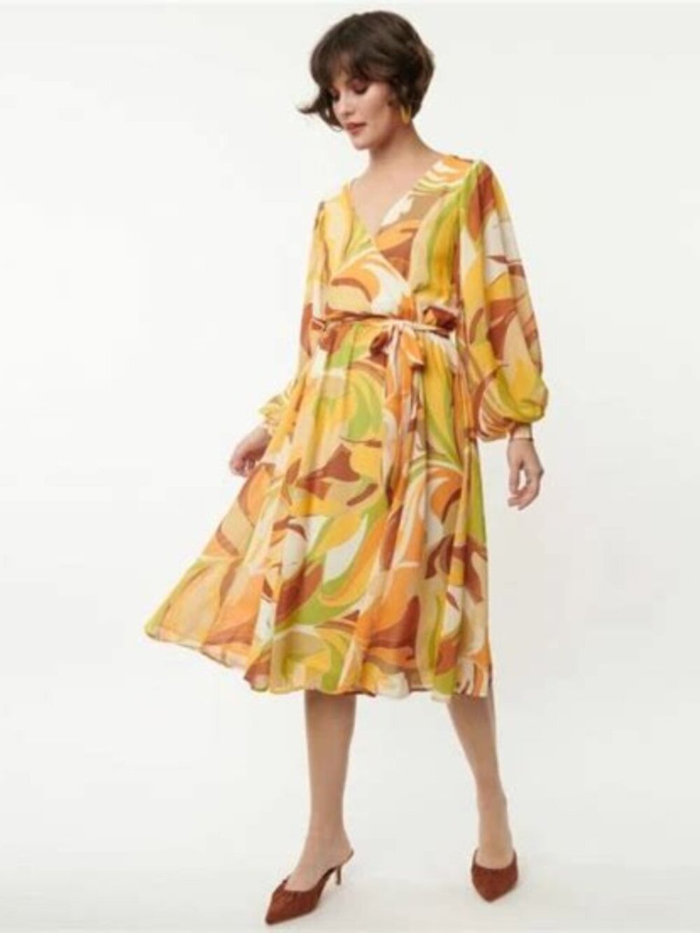 Flying Tomato Orange and Yellow Retro Swirl Midi Dress Size L